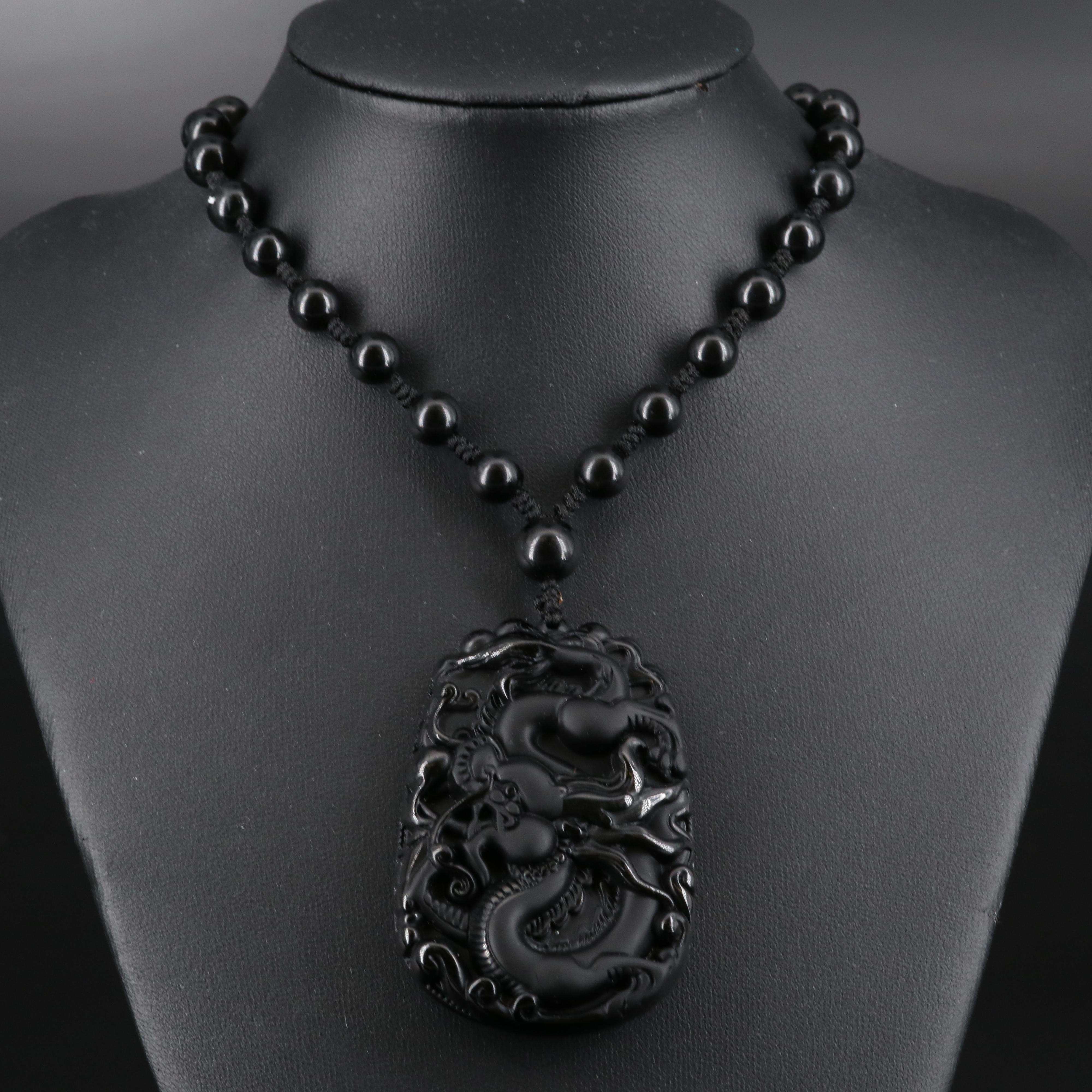 Asian Style Obsidian and Glass Carved Dragon Pendant Necklace