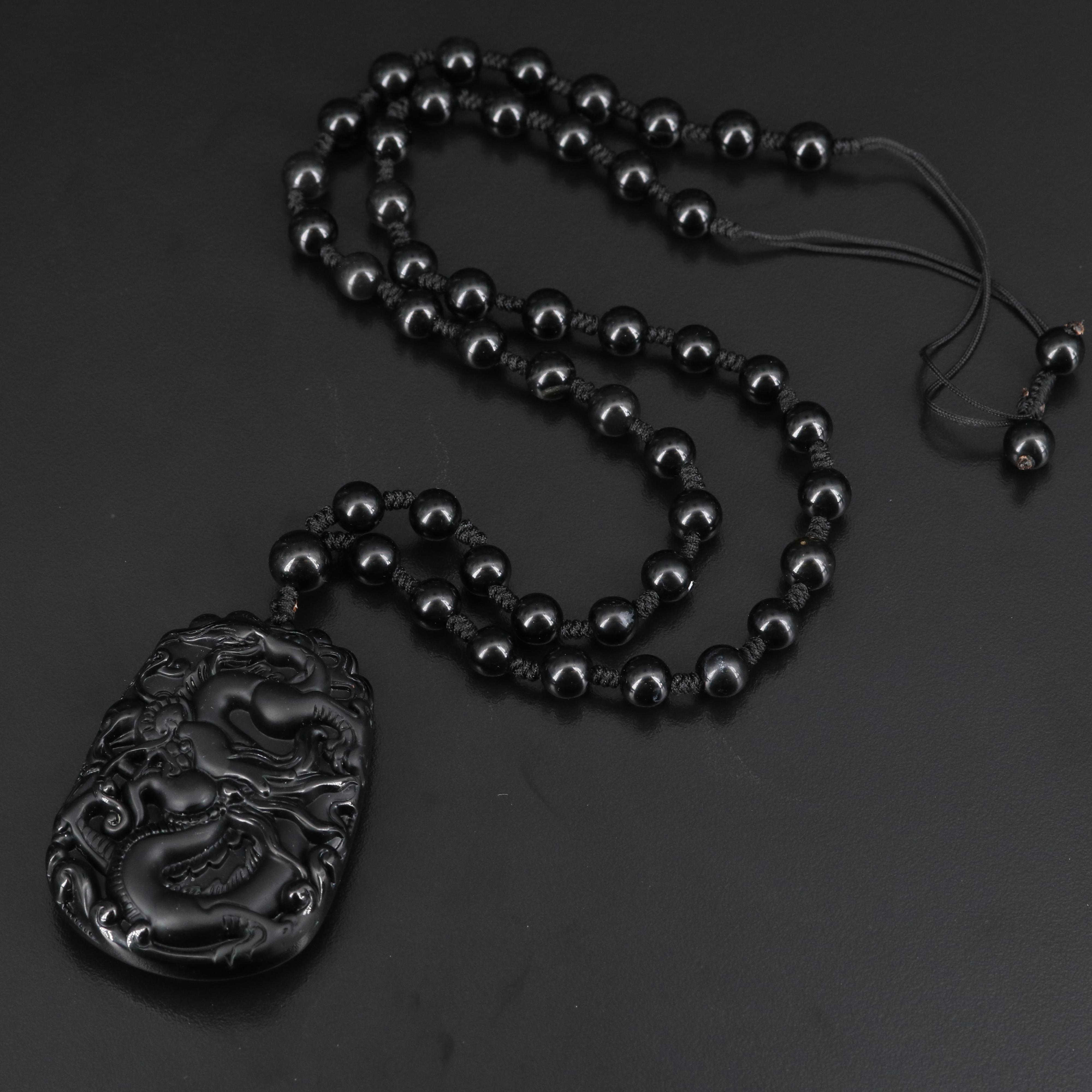 Asian Style Obsidian and Glass Carved Dragon Pendant Necklace