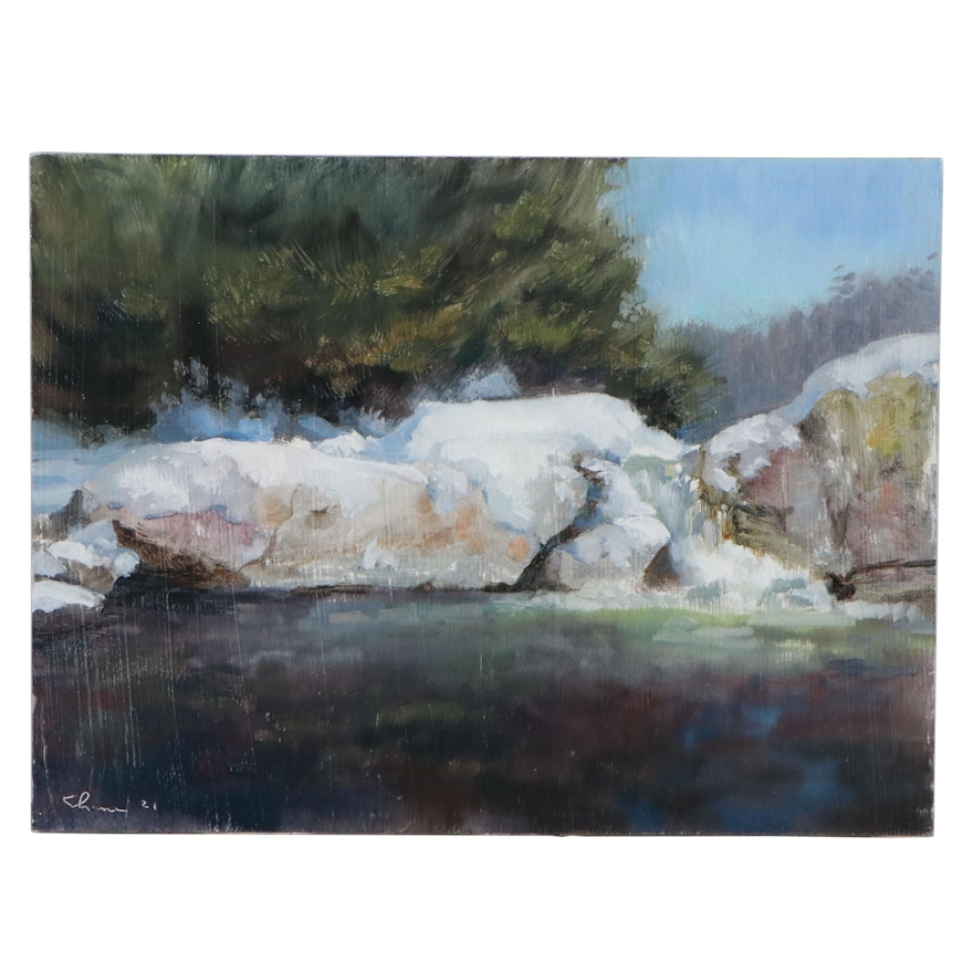 Shane Harris Oil Painting "Snow At Buttermilk Falls - Ludlow," 2021