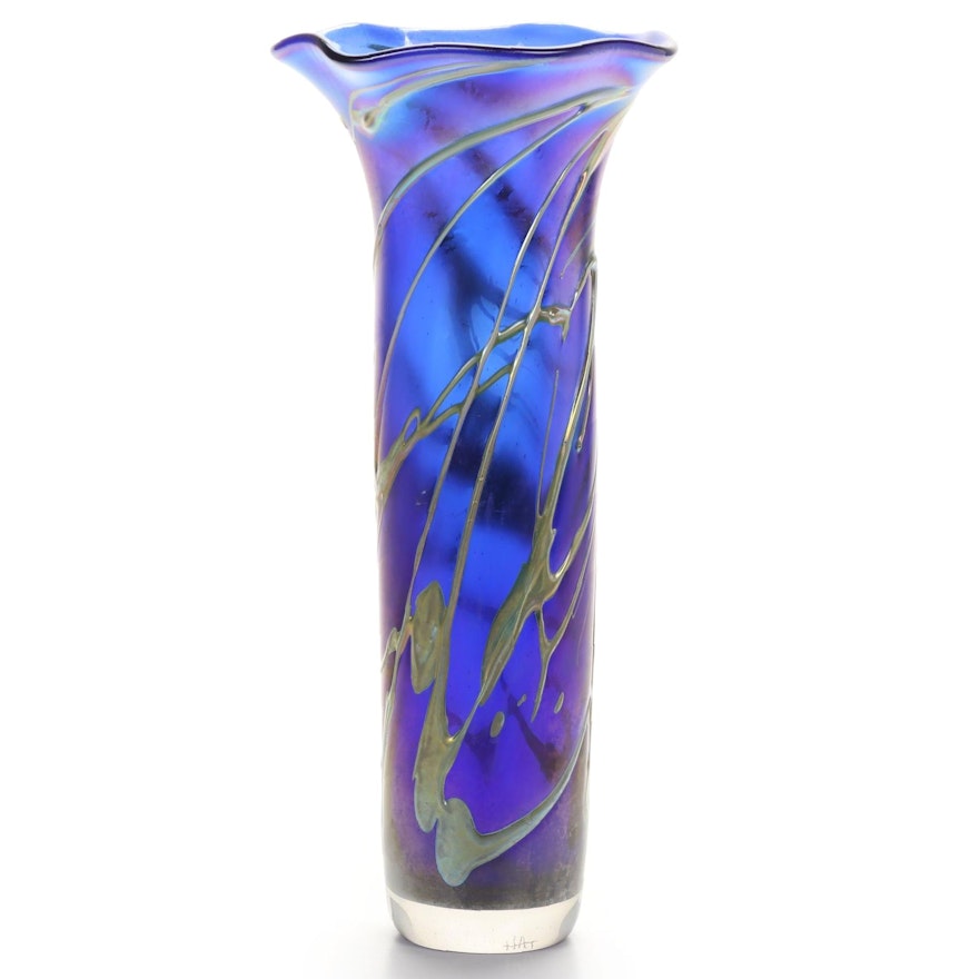Herb A. Thomas Iridescent Cobalt Art Glass Tall Trumpet Vase