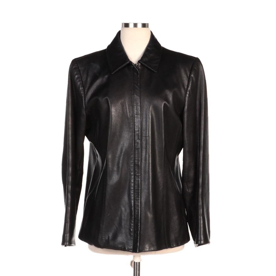 Lord and Taylor Black Leather Zipper-Front Jacket