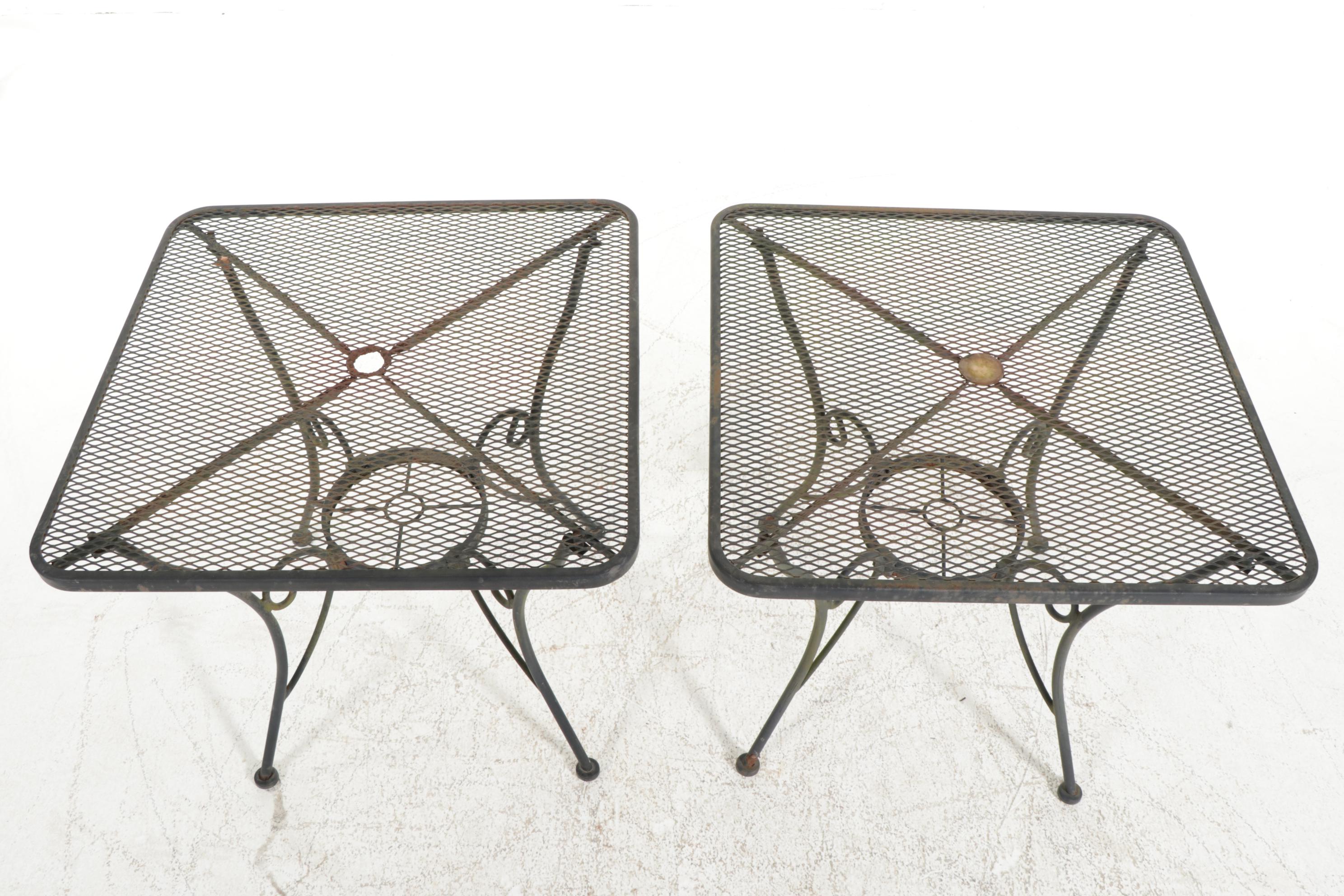 Pair of Wrought Iron Patio Tables with Six Chairs, Mid-20th Century
