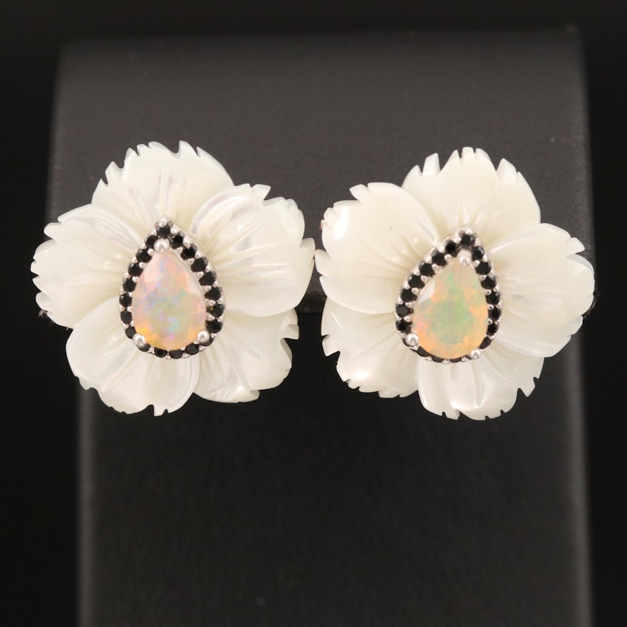 Sterling Mother of Pearl, Opal and Cubic Zirconia Flower Earrings