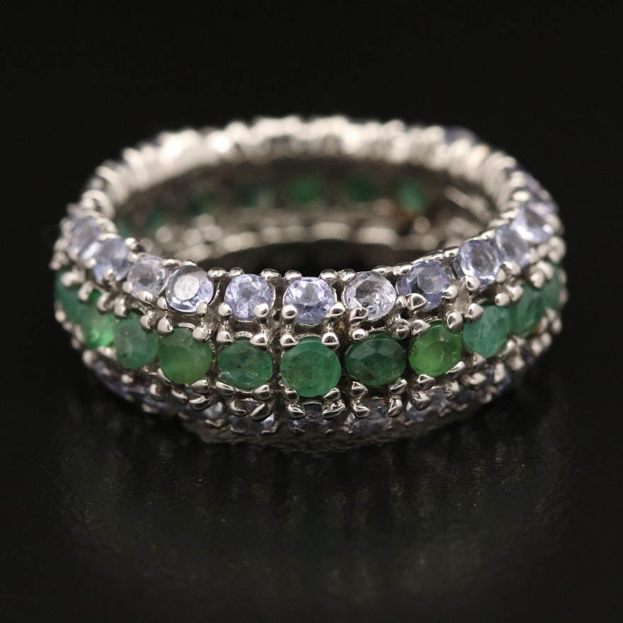 Sterling Emerald and Tanzanite Multi-Row Eternity Ring