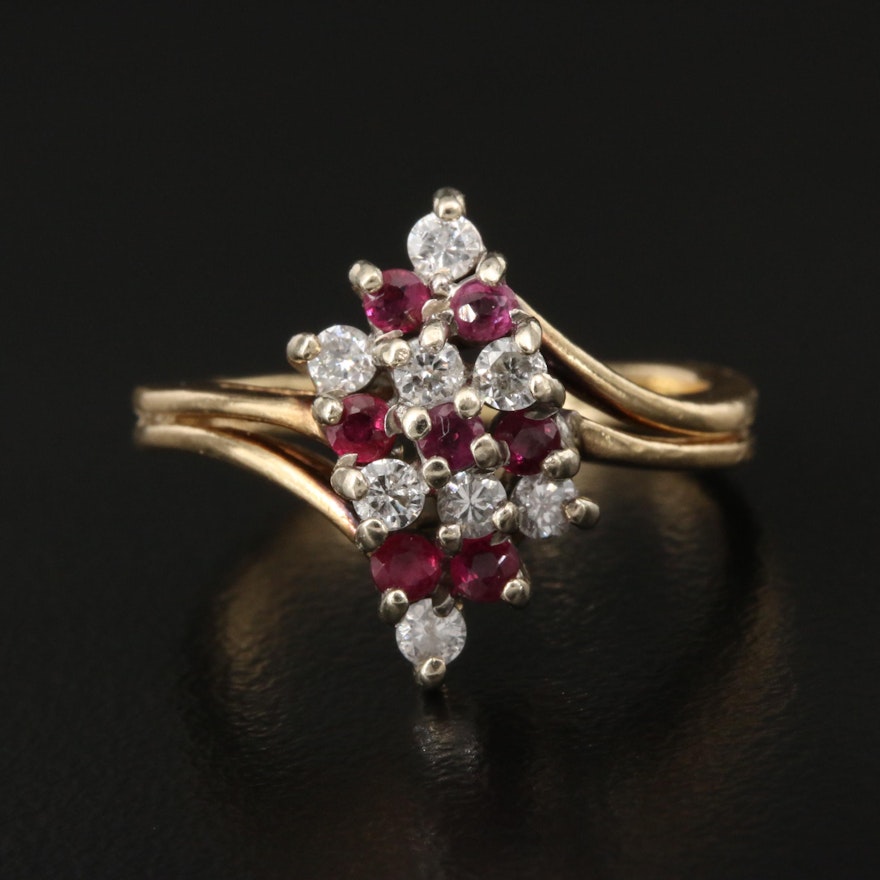 14K Ruby and Diamond Bypass Cluster Ring