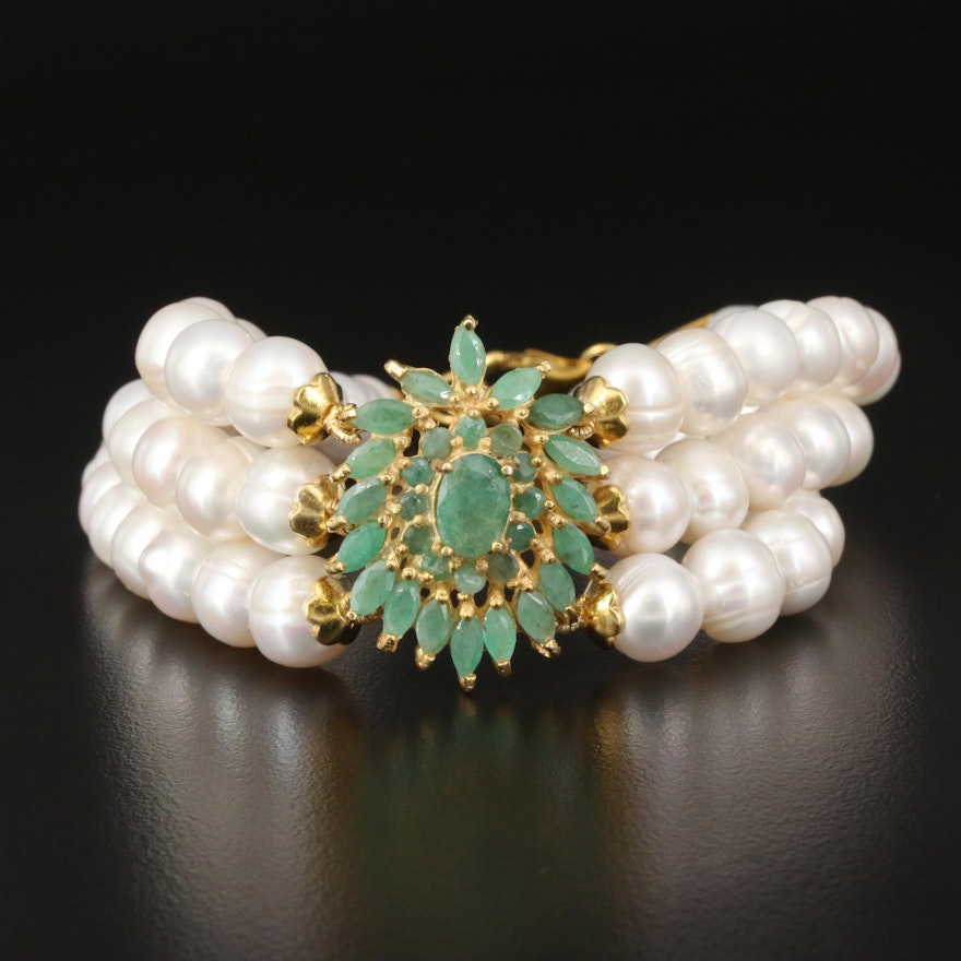 Sterling Pearl and Emerald Triple Row Bracelet