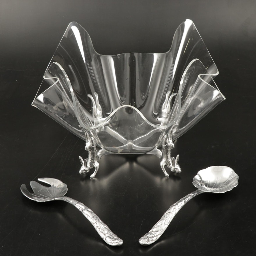 Arthur Court Acrylic Serving Bowl with Bunny Stand and Pewter Salad Servers