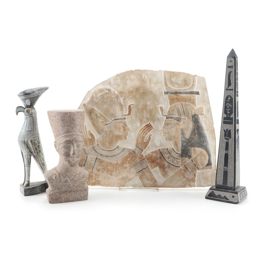 Bust of Nefertiti, Obelisk, Horus Figurine, and Plaster Relief of Ramses II