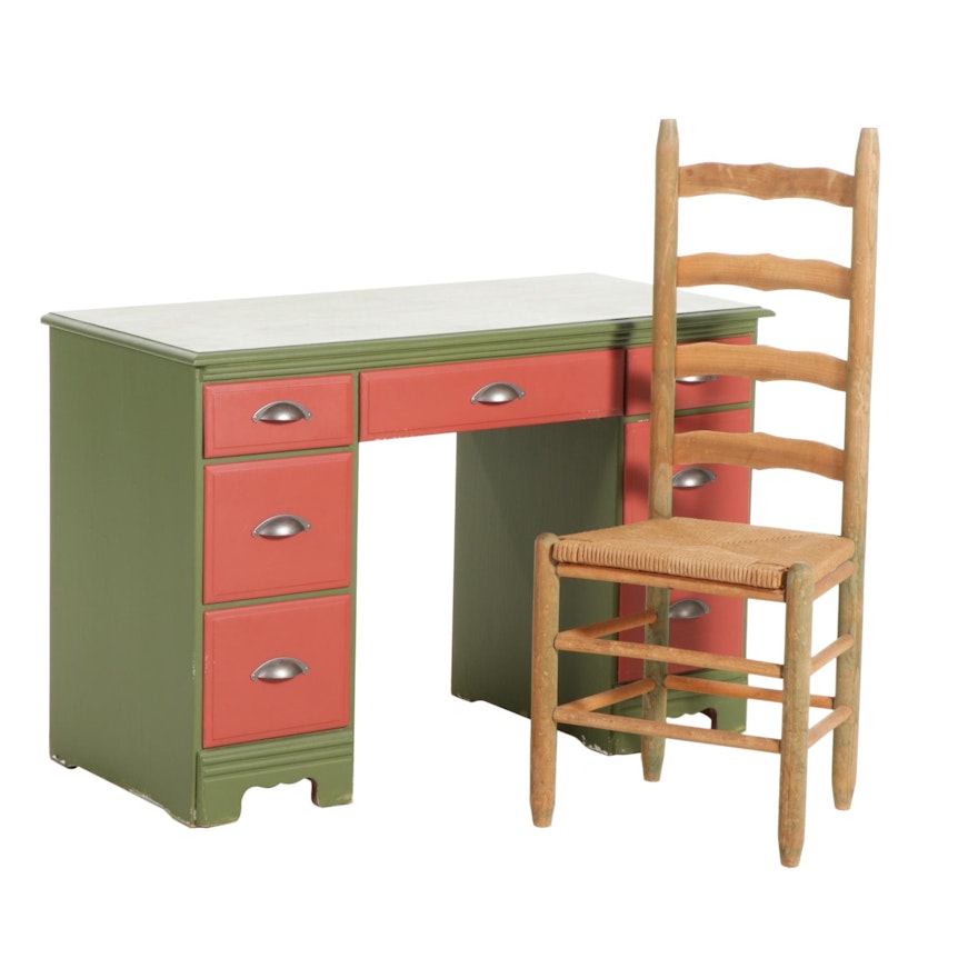 Kneehole Desk in Red and Green with Ladder Back Chair, Mid-20th Century