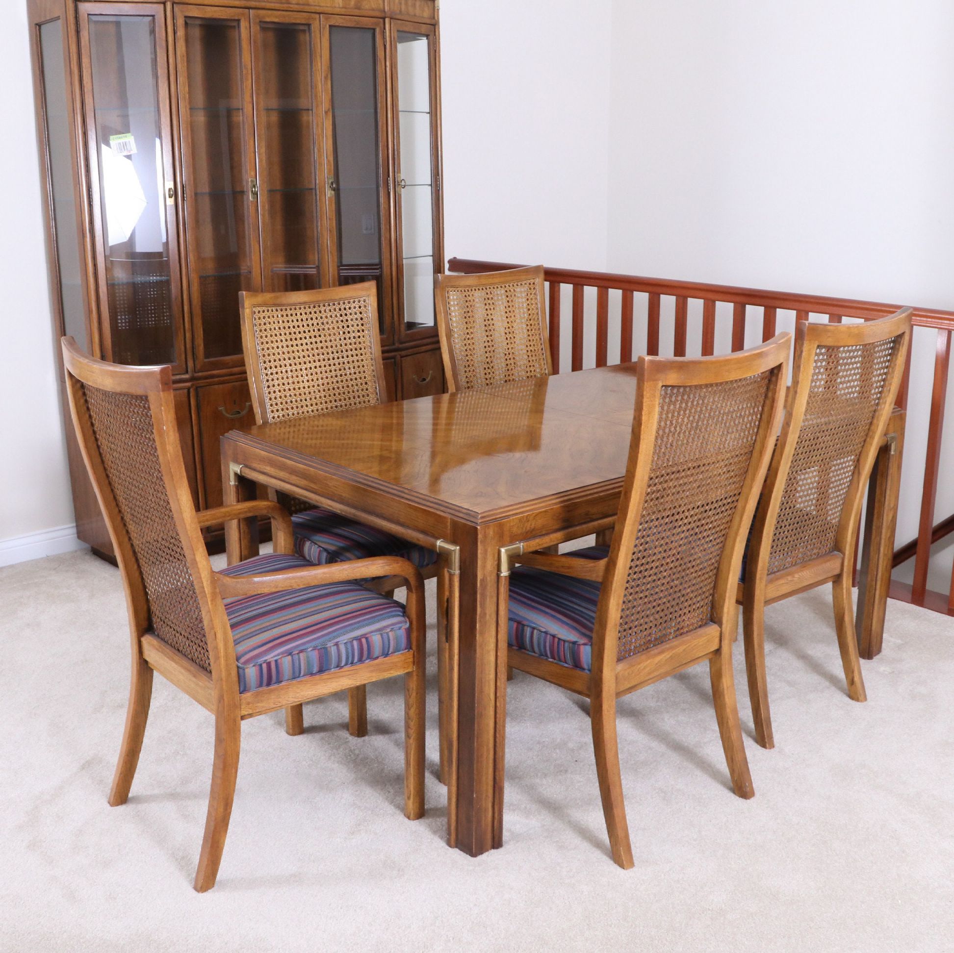 Drexel-Heritage "Accolade" Campaign Style Dining Table and Caned Chairs, c. 1980