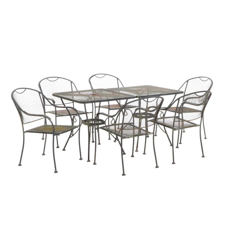 Pair of Wrought Iron Patio Tables with Six Chairs, Mid-20th Century