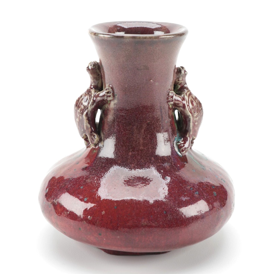 Chinese Flambé Glazed Ceramic Vase with Turtle Handles