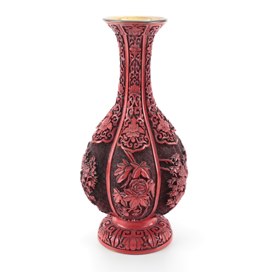 Chinese Carved Faux Cinnabar Lobed Vase with Floral Motif