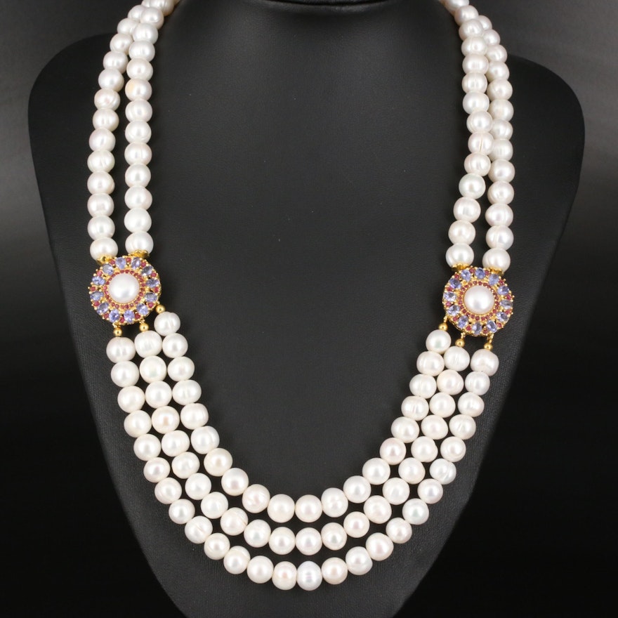 Sterling Pearl and Tanzanite Festoon Necklace
