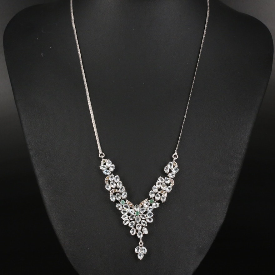 Sterling Aquamarine, Emerald and Sapphire Floral Cluster Necklace with Drop
