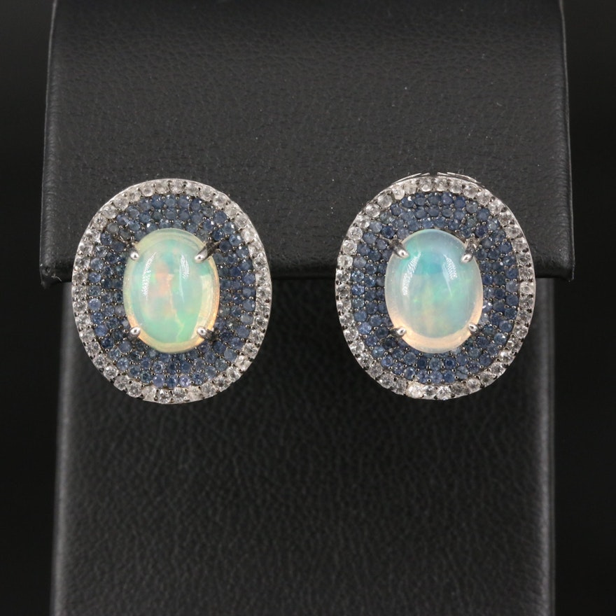 Sterling Opal and Pavé Sapphire Halo Earrings