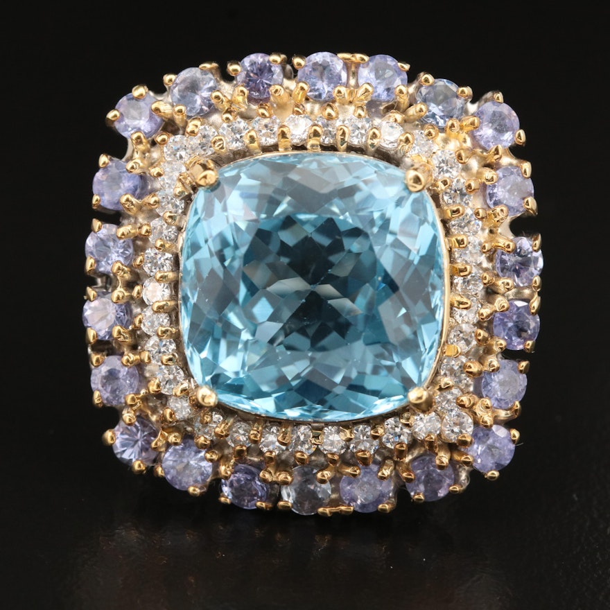 Sterling 23.12 CT Topaz, Tanzanite and Cubic Zirconia Ring