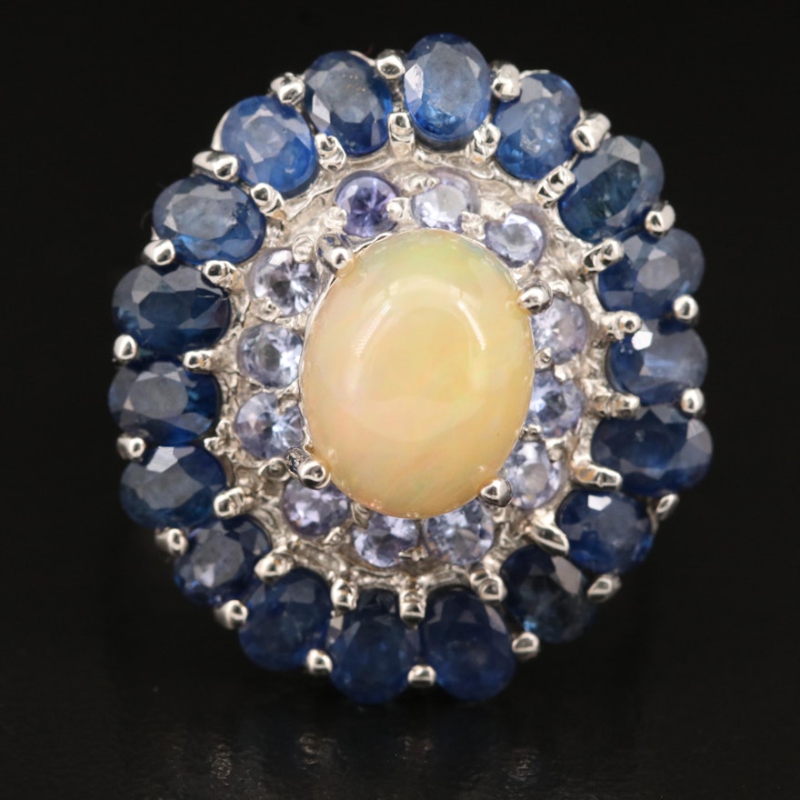 Sterling Opal, Tanzanite and Sapphire Ring