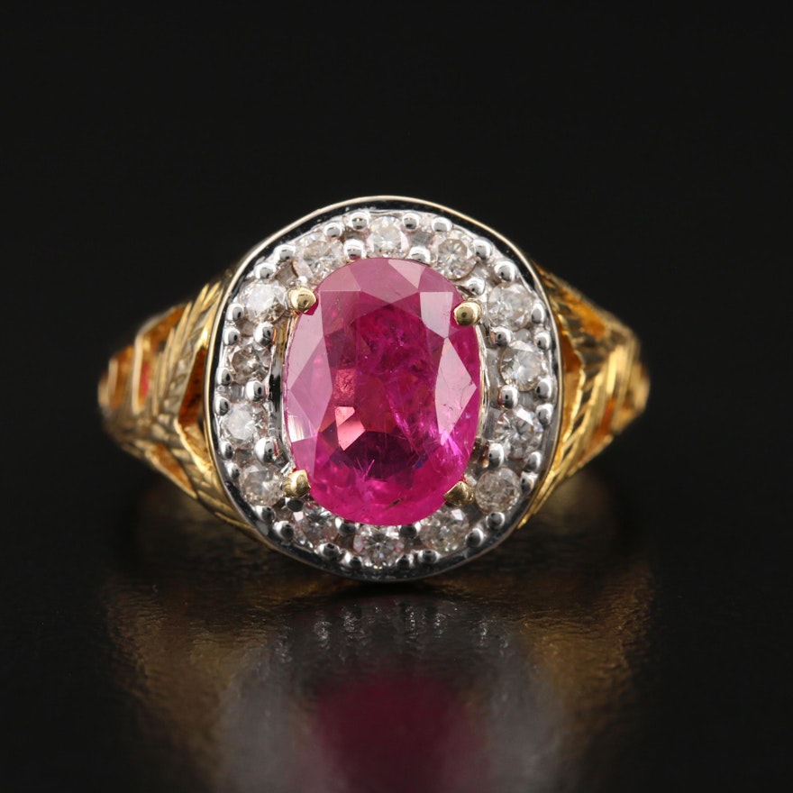 18K 1.73 CT Ruby and Diamond Ring with Foliate Accents