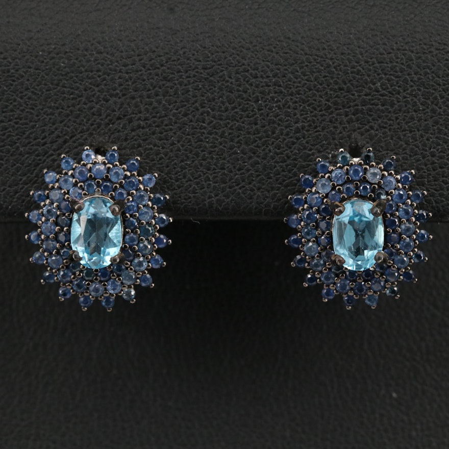 Sterling Topaz and Sapphire Triple Halo Earrings