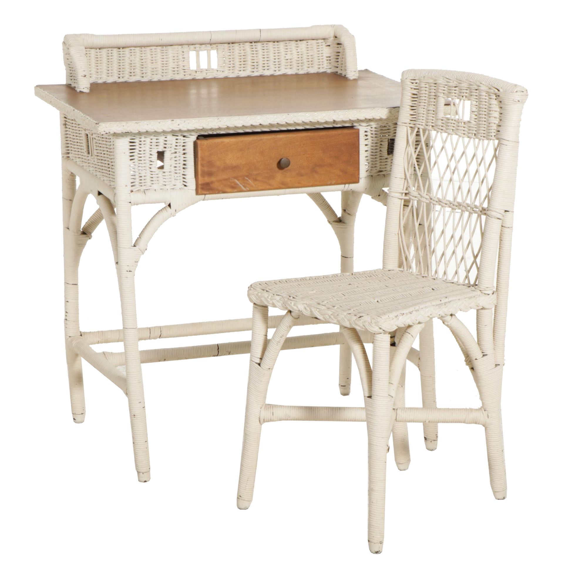 Kaltex Furniture Wood and Wicker Desk with Chair, Mid to Late 20th Century