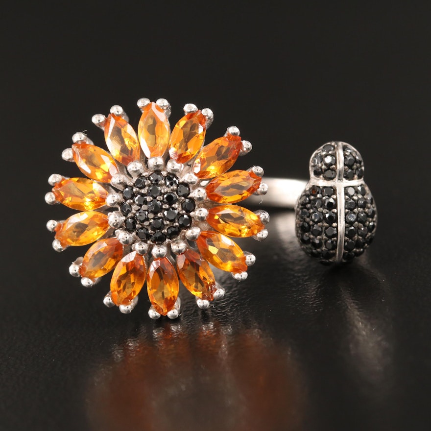 Sterling Citrine and Spinel Sunflower and Ladybug Open Shank Ring