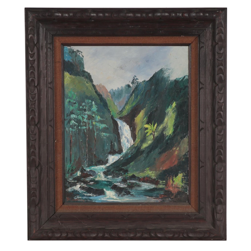 Landscape Oil Painting of Waterfall, 1971