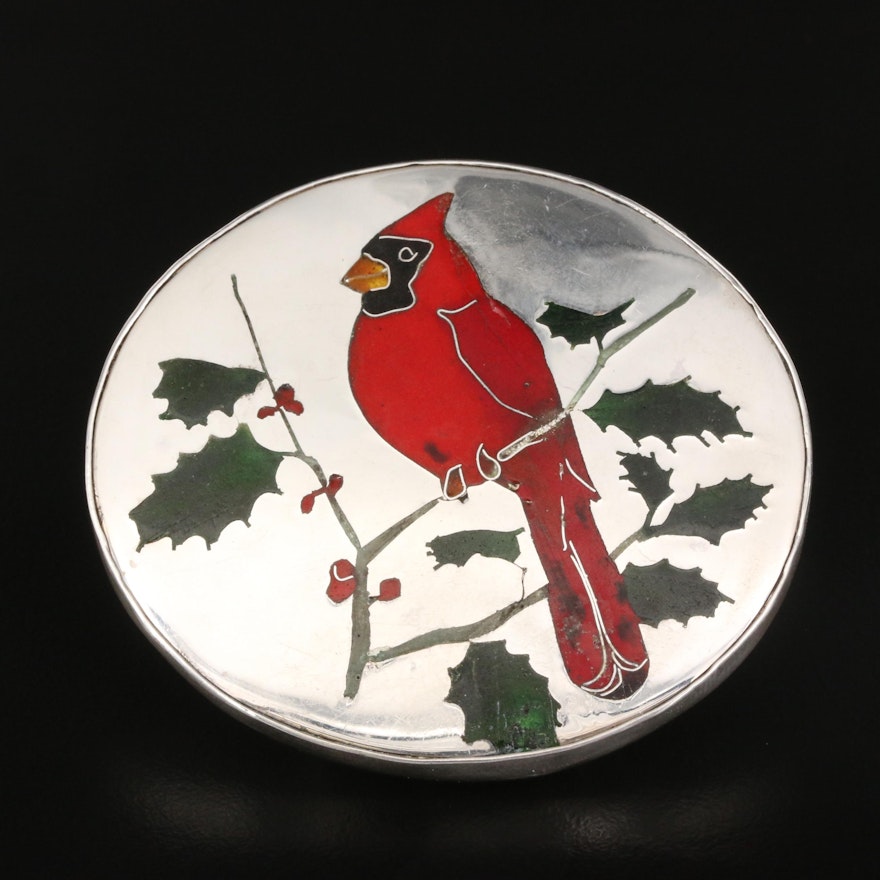 Signed Sterling Silver Cardinal and Holly Inlay Brooch