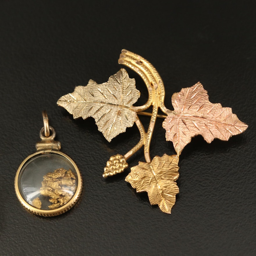 10K Tri-Tone Foliate Brooch and Native Gold Pendant