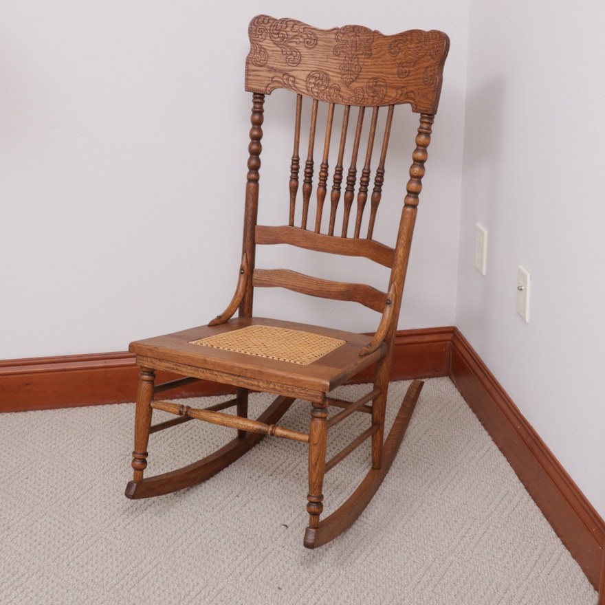 Victorian Pressed Oak and Cane Rocking Chair, Early 20th Century