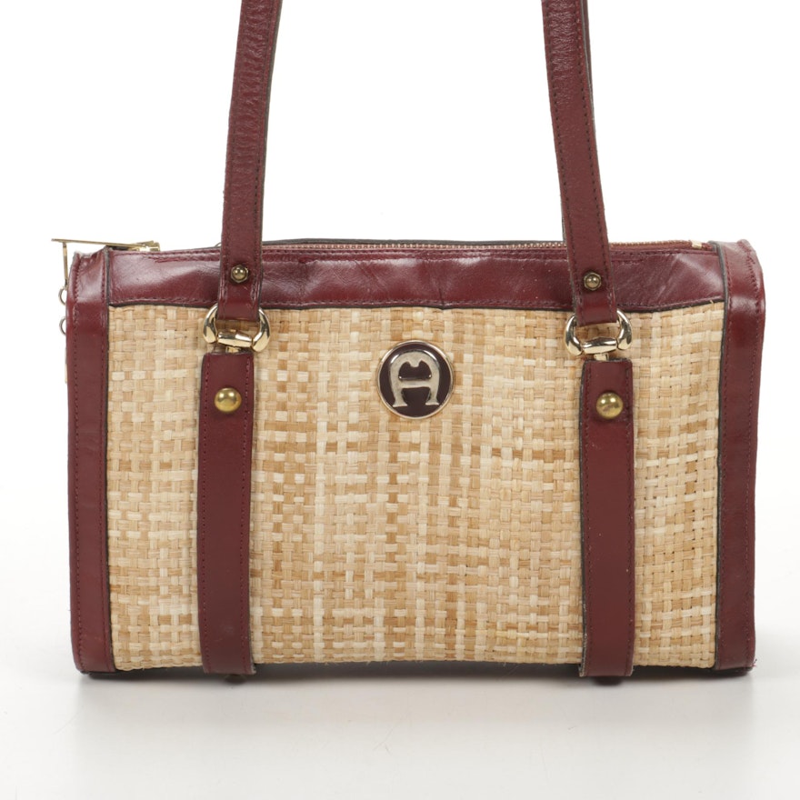 Etienne Aigner Shoulder Bag in Wicker and Burgundy Leather