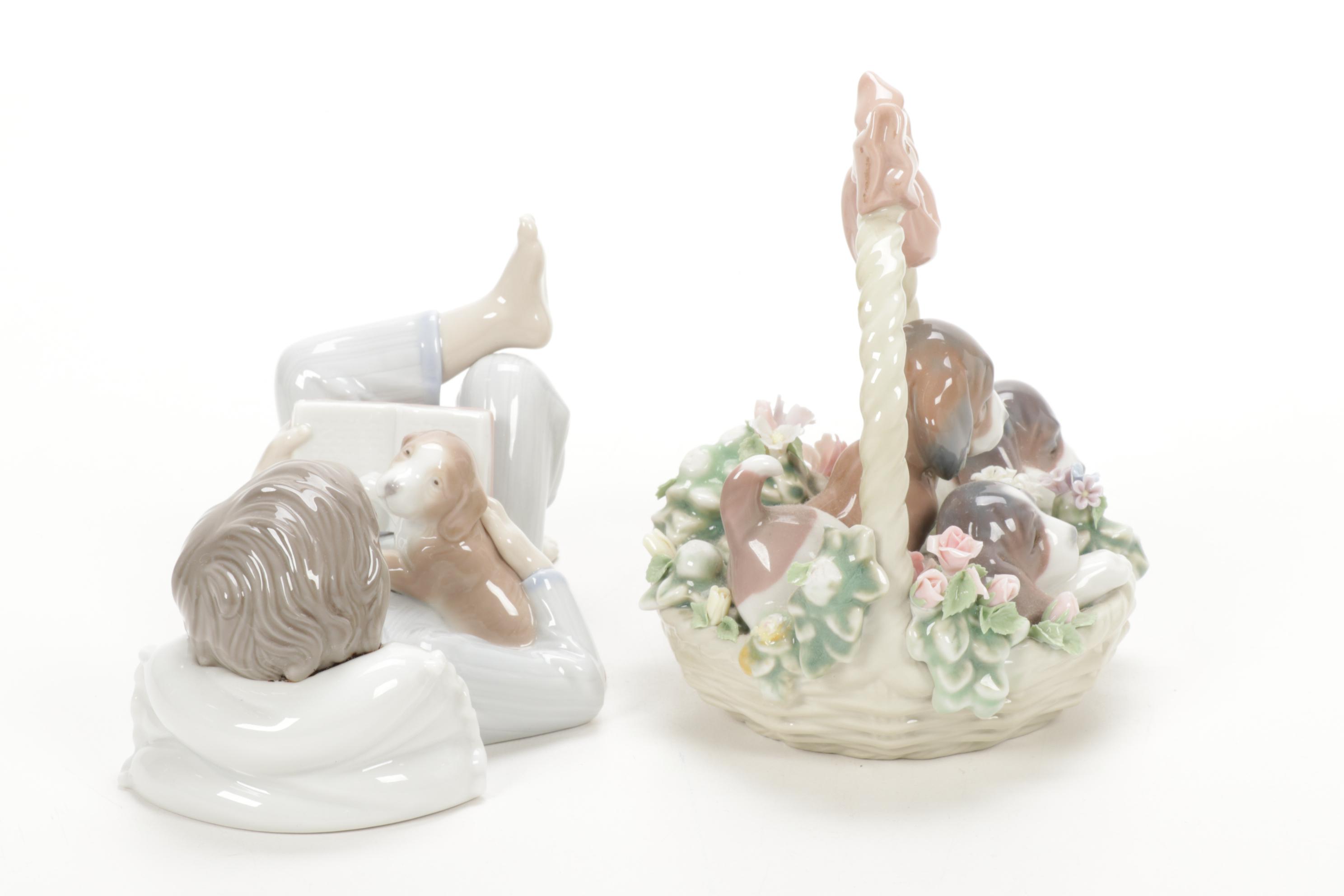 Lladró "A Litter of Love" and "Shall I Read You a Story?" Porcelain Figurines