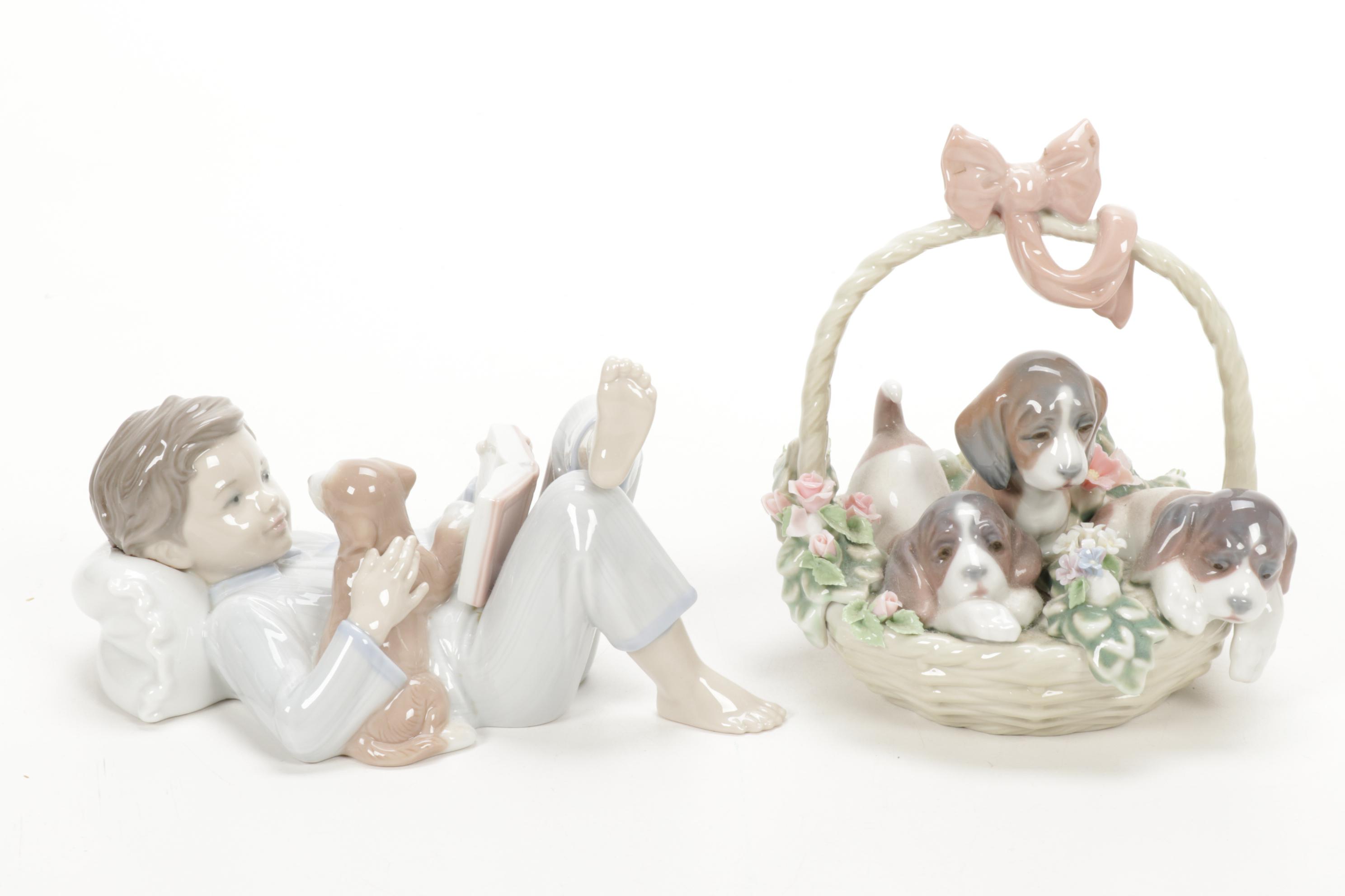 Lladró "A Litter of Love" and "Shall I Read You a Story?" Porcelain Figurines