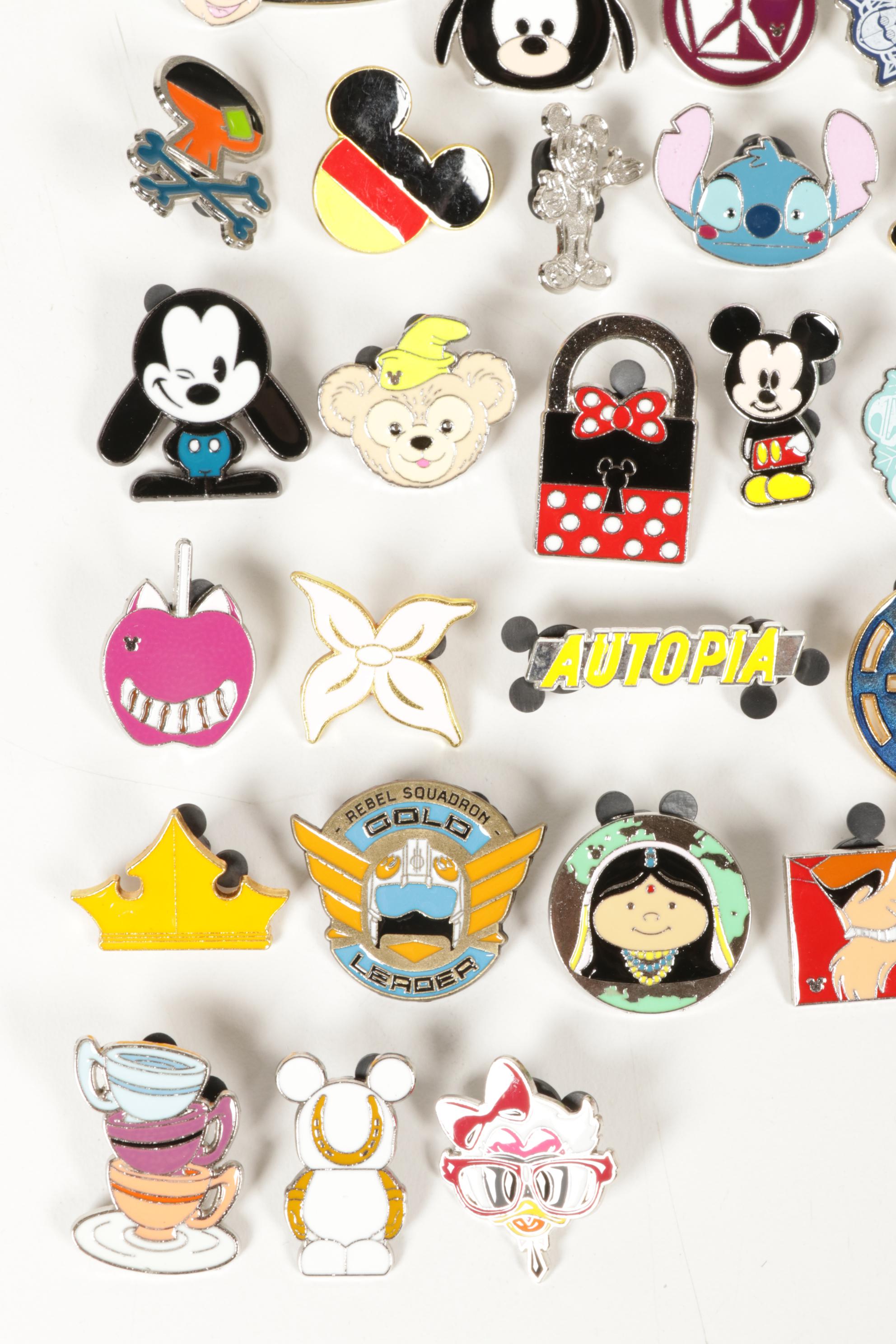 Disney Character Pinbacks Including Mickey Mouse, Pinocchio and More