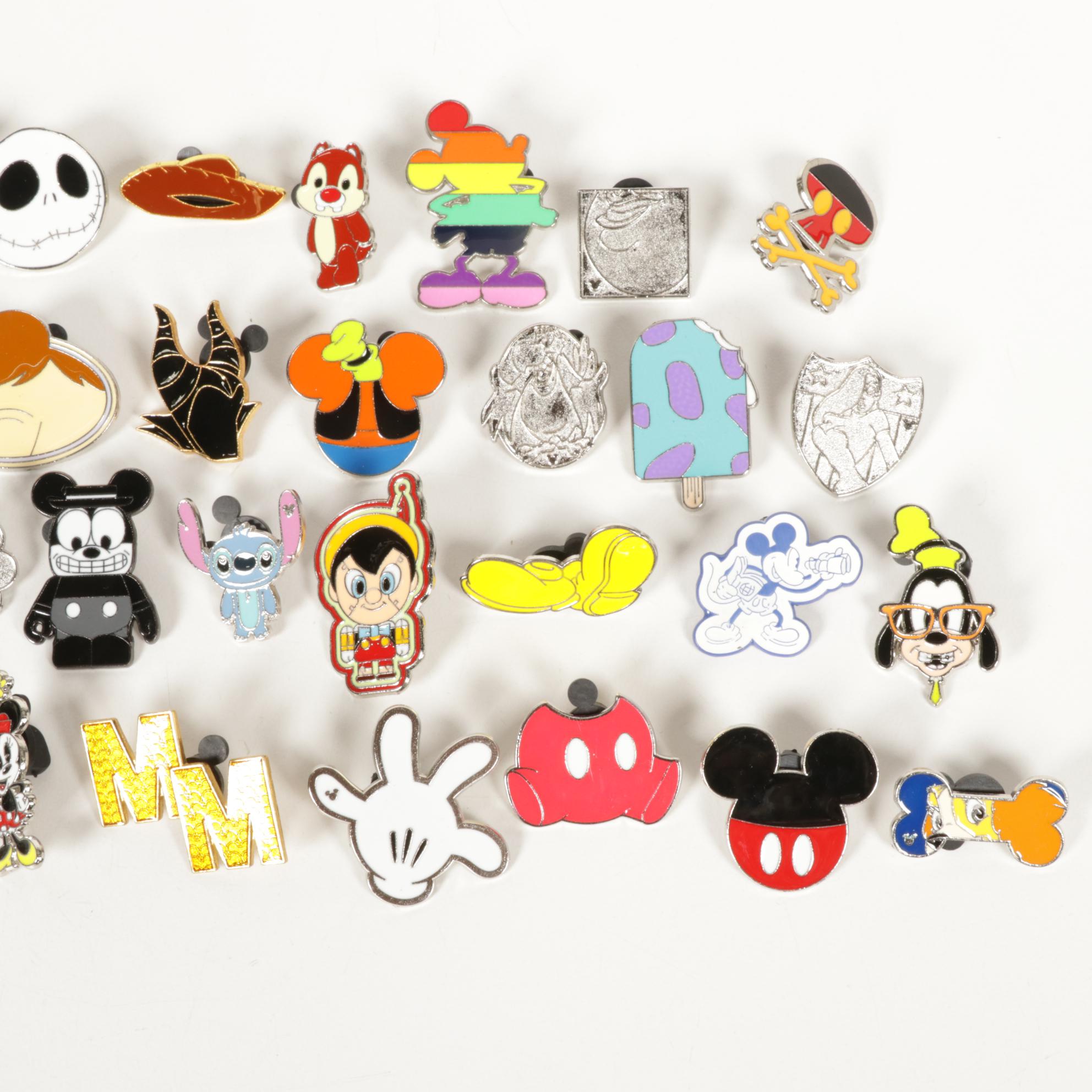 Disney Character Pinbacks Including Mickey Mouse, Pinocchio and More
