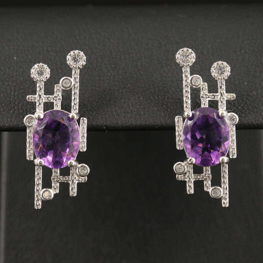 Contemporary Sterling Amethyst and Cubic Zirconia Earrings