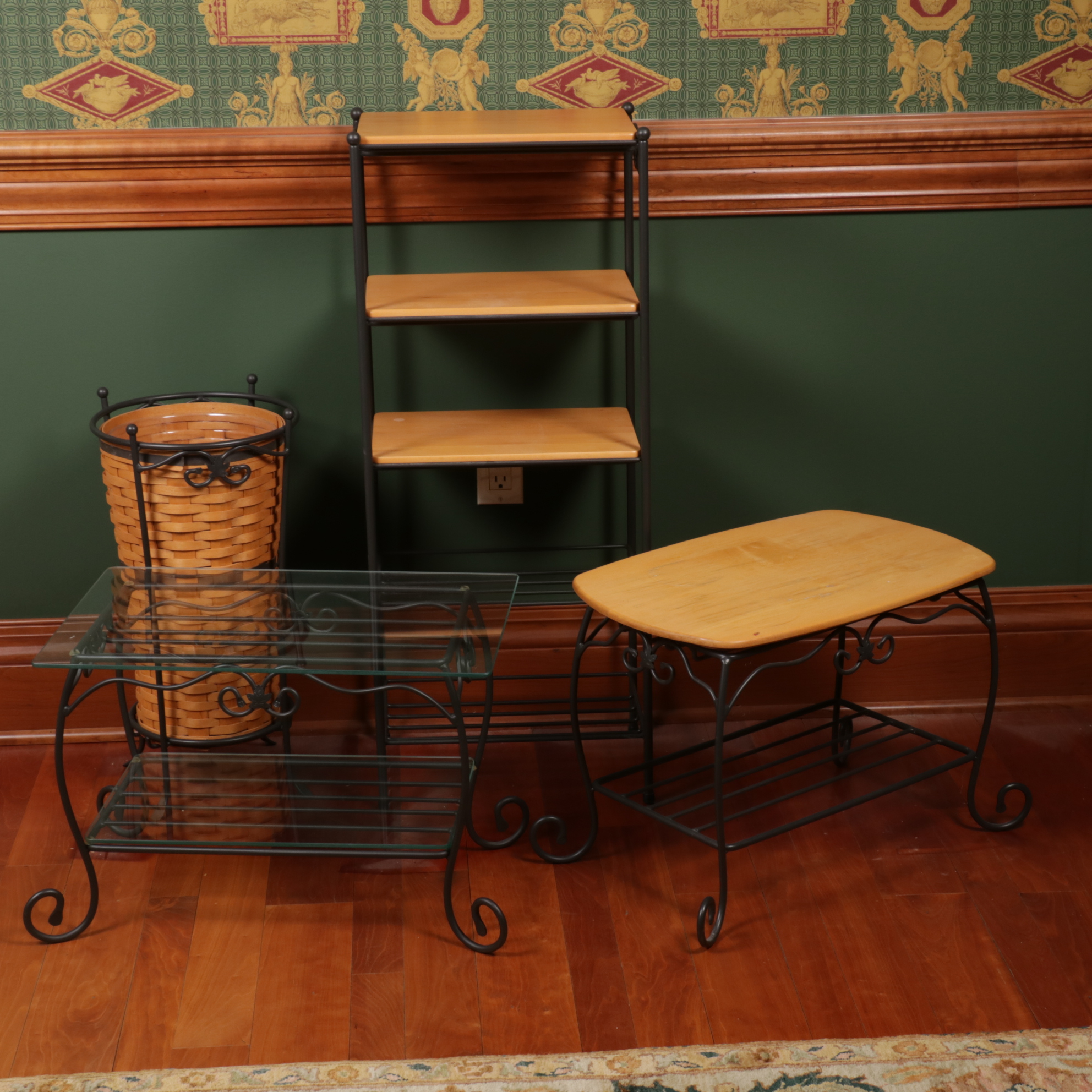 Longaberger Wrought Iron Five-Tier Stand, Side Tables and Basket Umbrella Stand