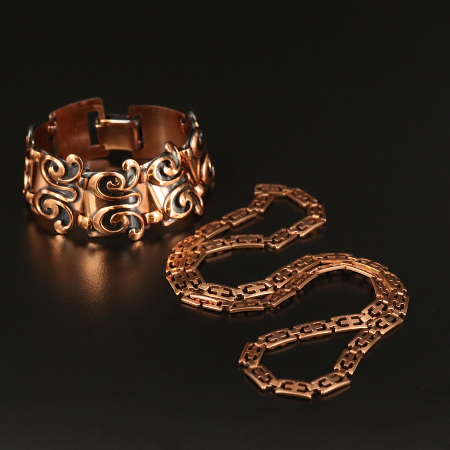 Copper Scrollwork Panel Bracelet and Stainless Steel Fancy Link Necklace