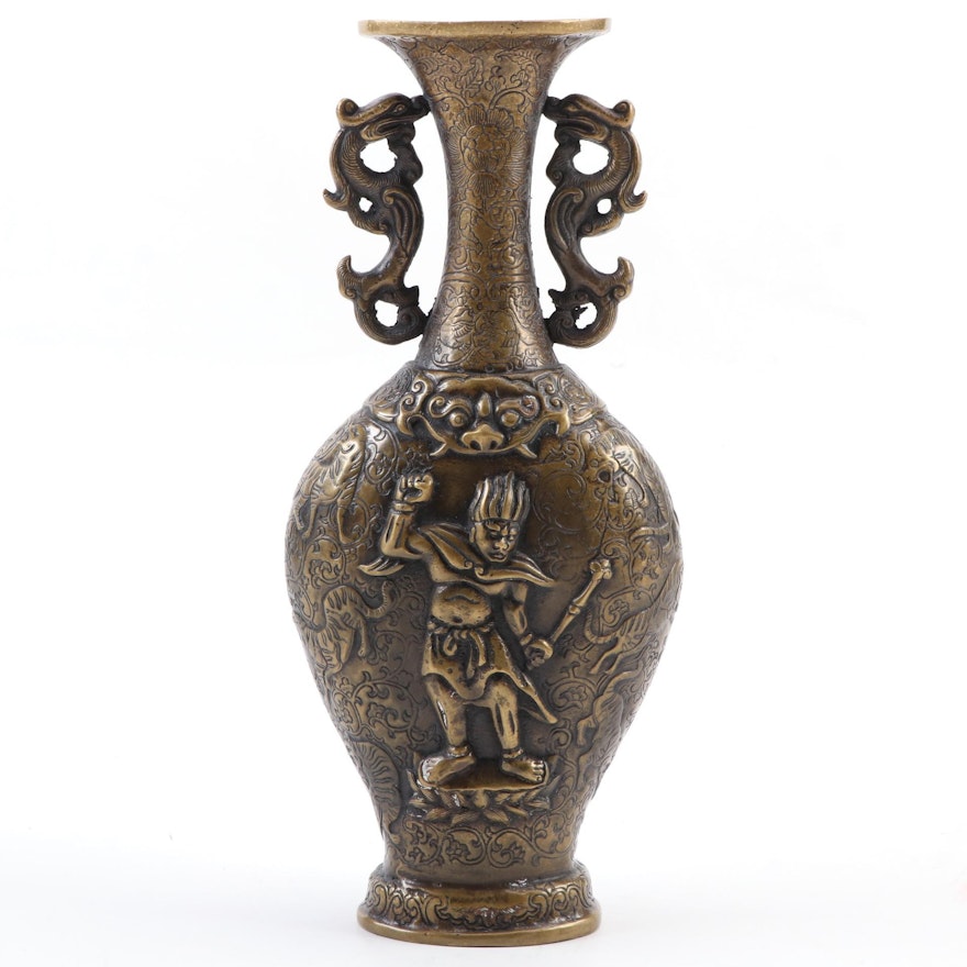 Chinese Cast Bronze Archaist Altar Vase with Figural Dragon Handles