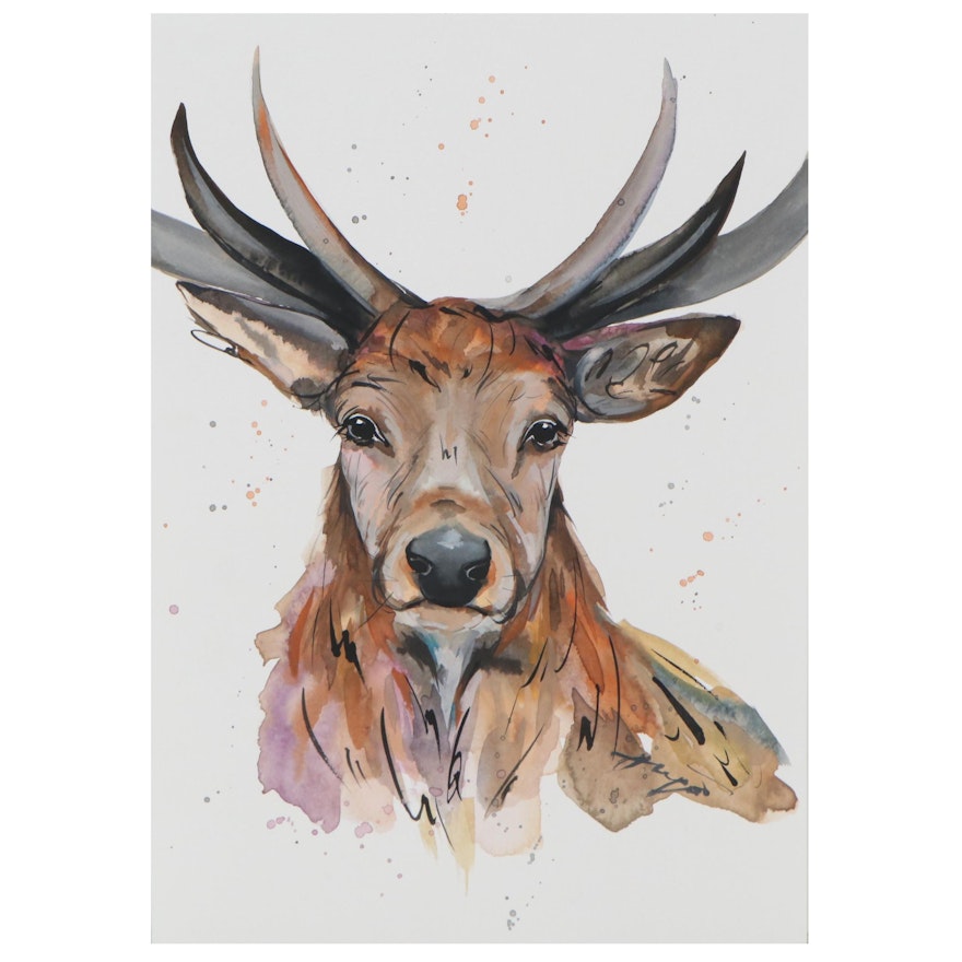 Anne “Angor” Gorywine Watercolor Painting of Elk, 2020