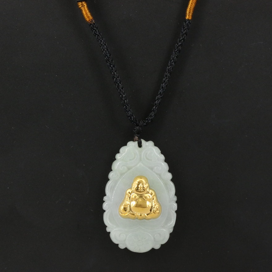 Carved Jadeite and 24K Budai Pendant Necklace