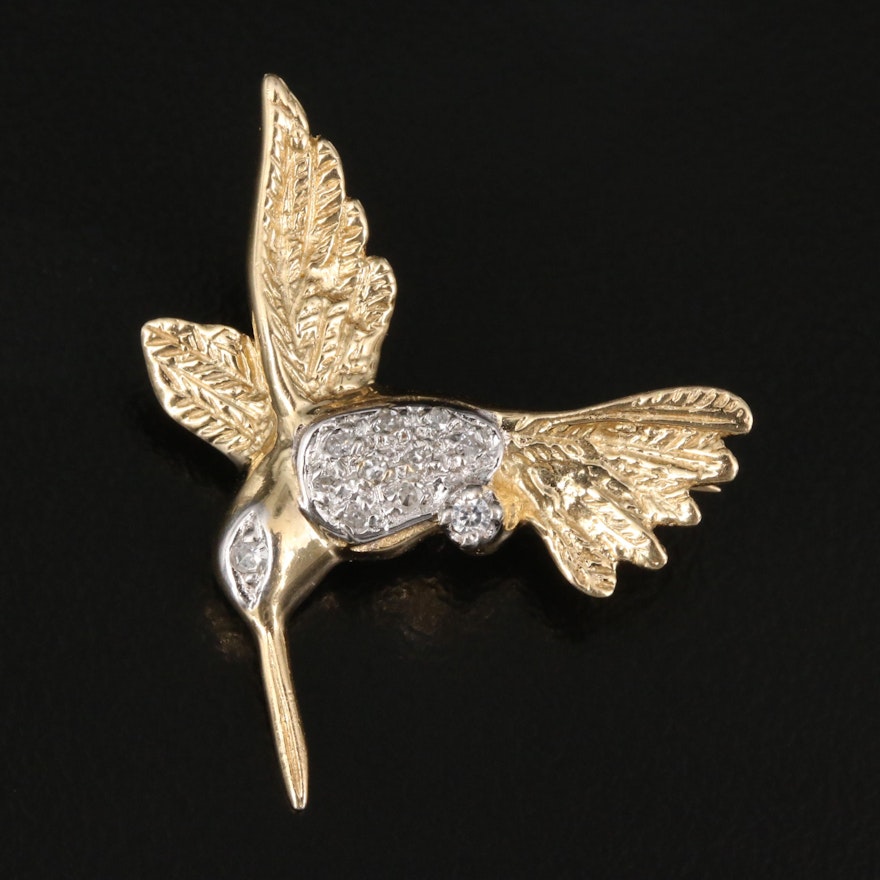 14K Diamond and Cubic Zirconia Hummingbird Brooch