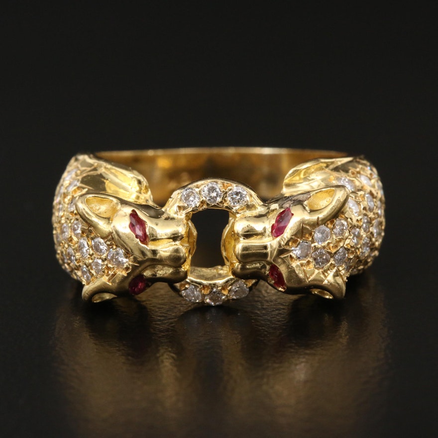 18K 1.02 CTW Diamond and Ruby Double Panther Ring