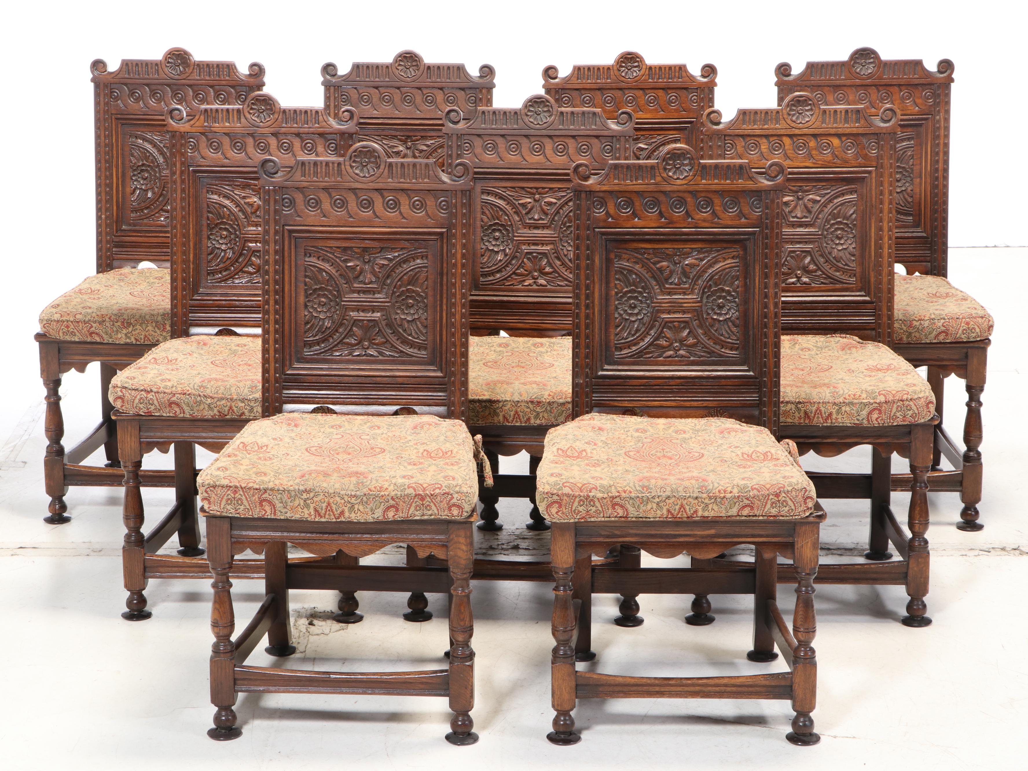 Eleven-Piece Jacobean Style Carved Oak Dining Set, Early 20th Century