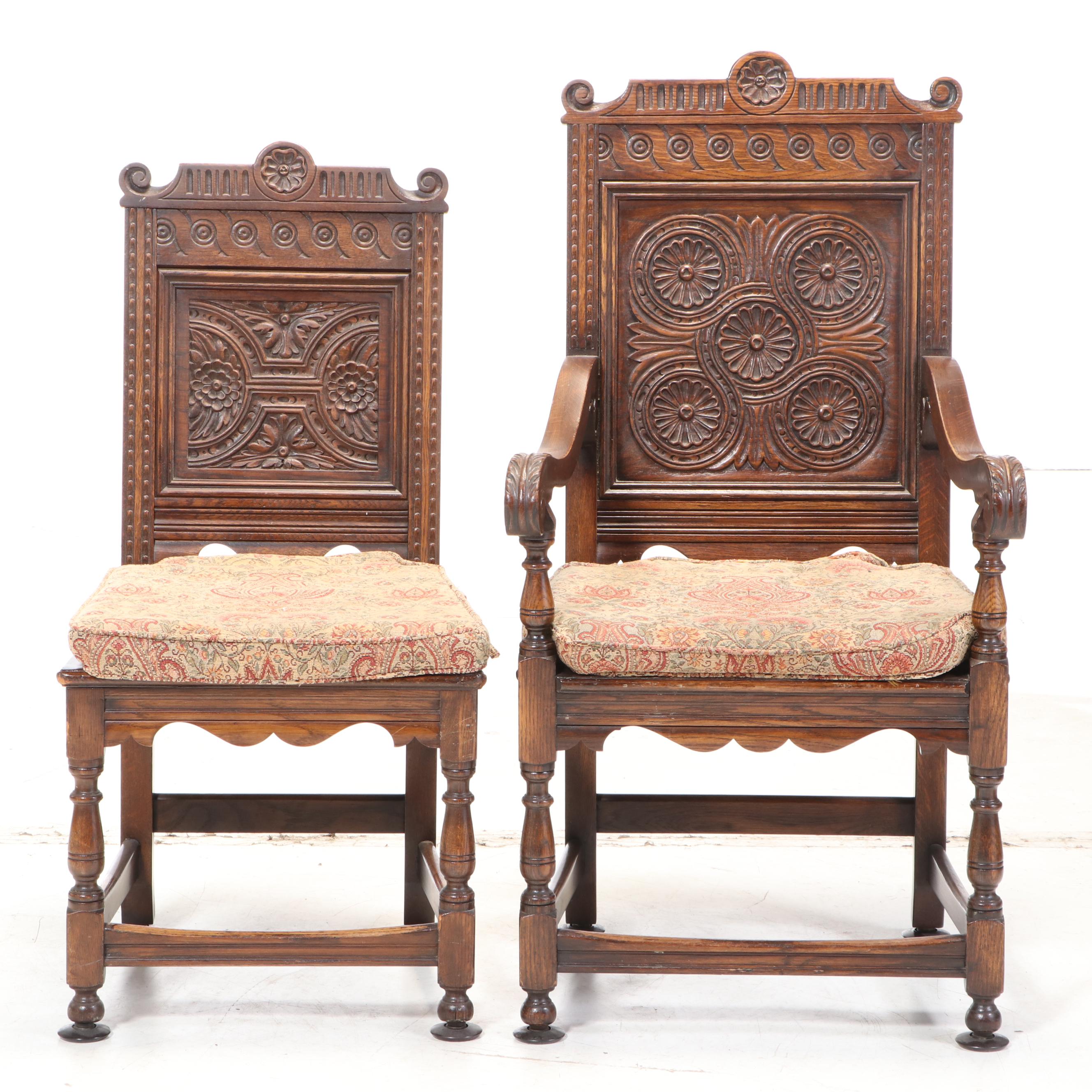 Eleven-Piece Jacobean Style Carved Oak Dining Set, Early 20th Century