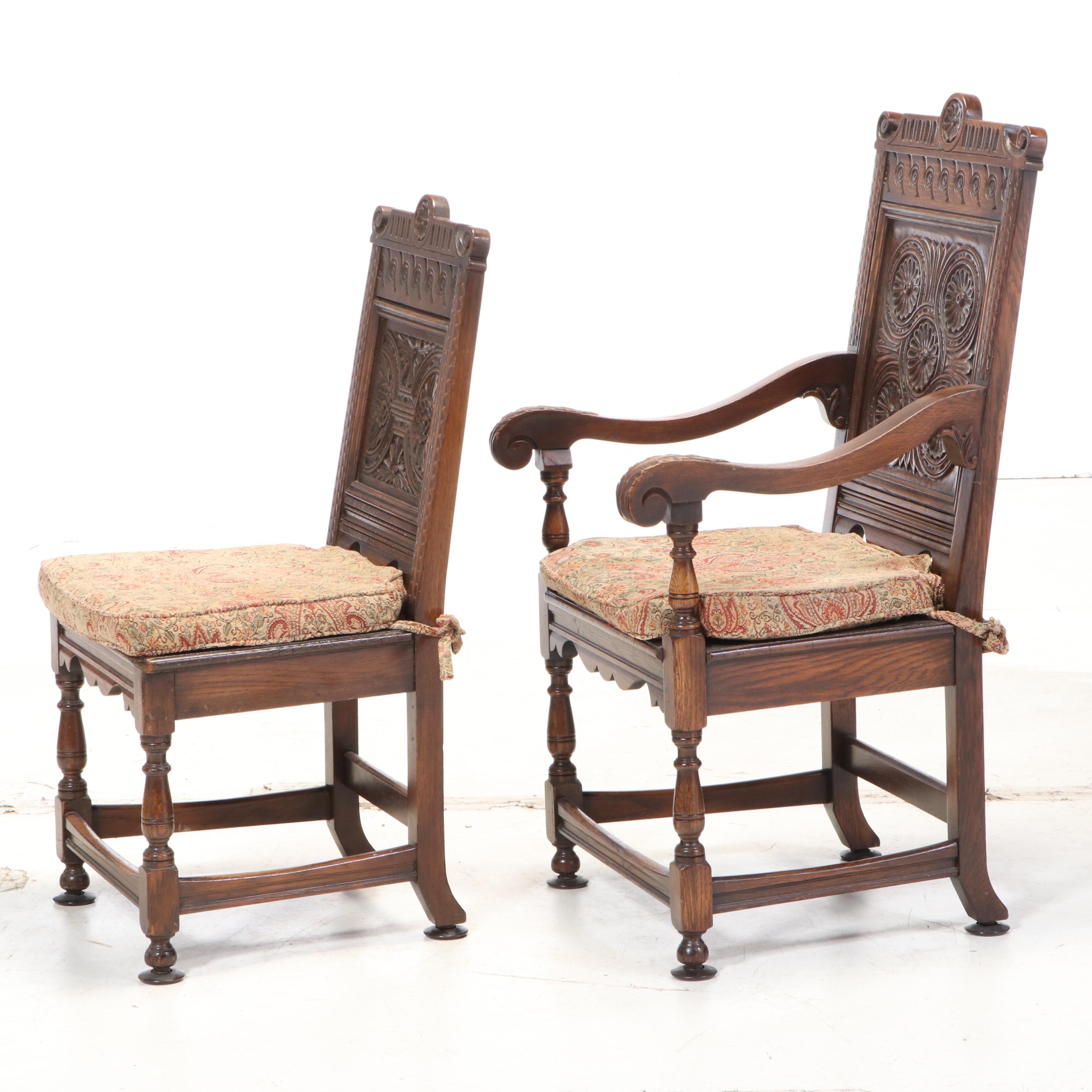 Eleven-Piece Jacobean Style Carved Oak Dining Set, Early 20th Century