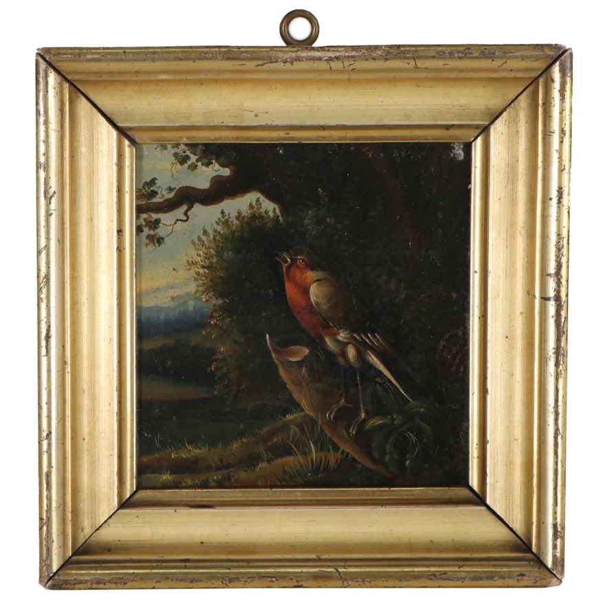 Oil Painting on Tin of European Robin, 19th Century