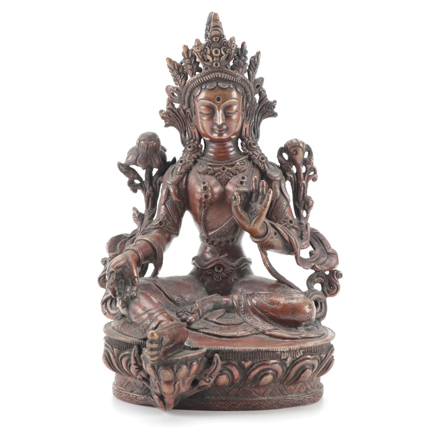 Cast Metal Sino-Tibetan Green Tārā Lalitasana Figurine