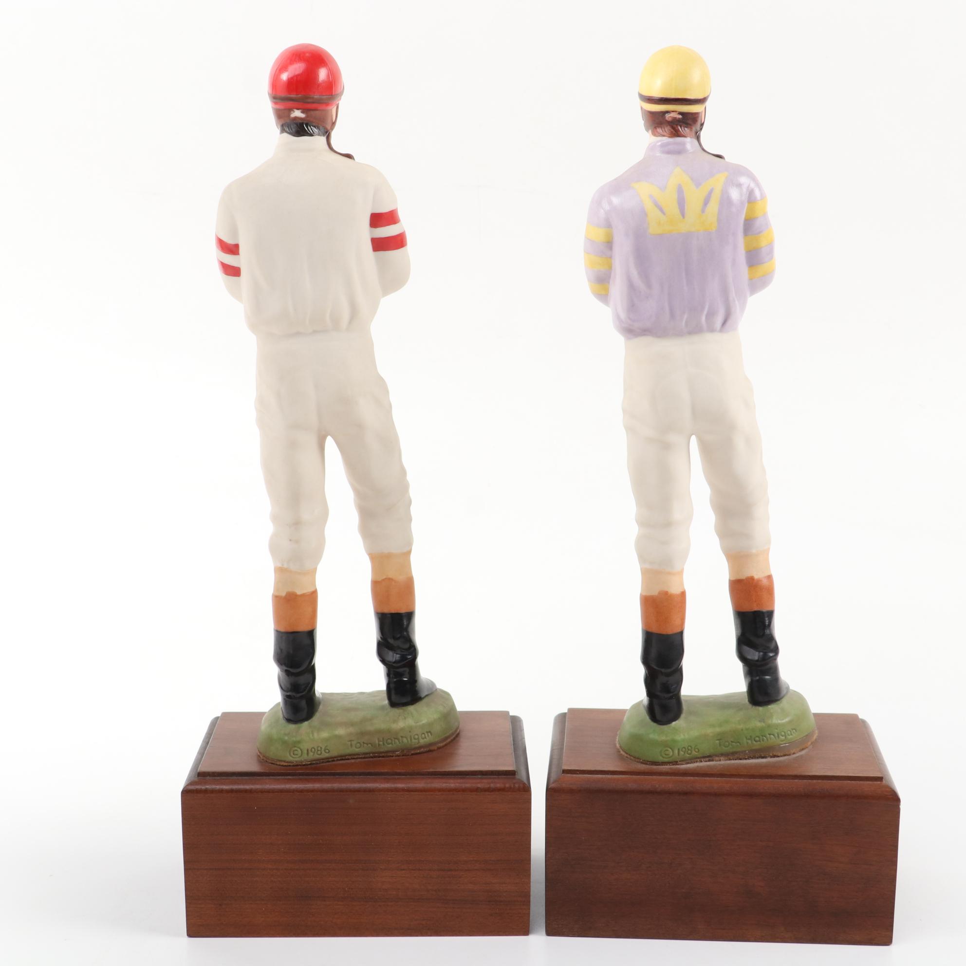 Tom Hannigan Ceramic Jockey Figurines with Authentic Race Crop and Goggles