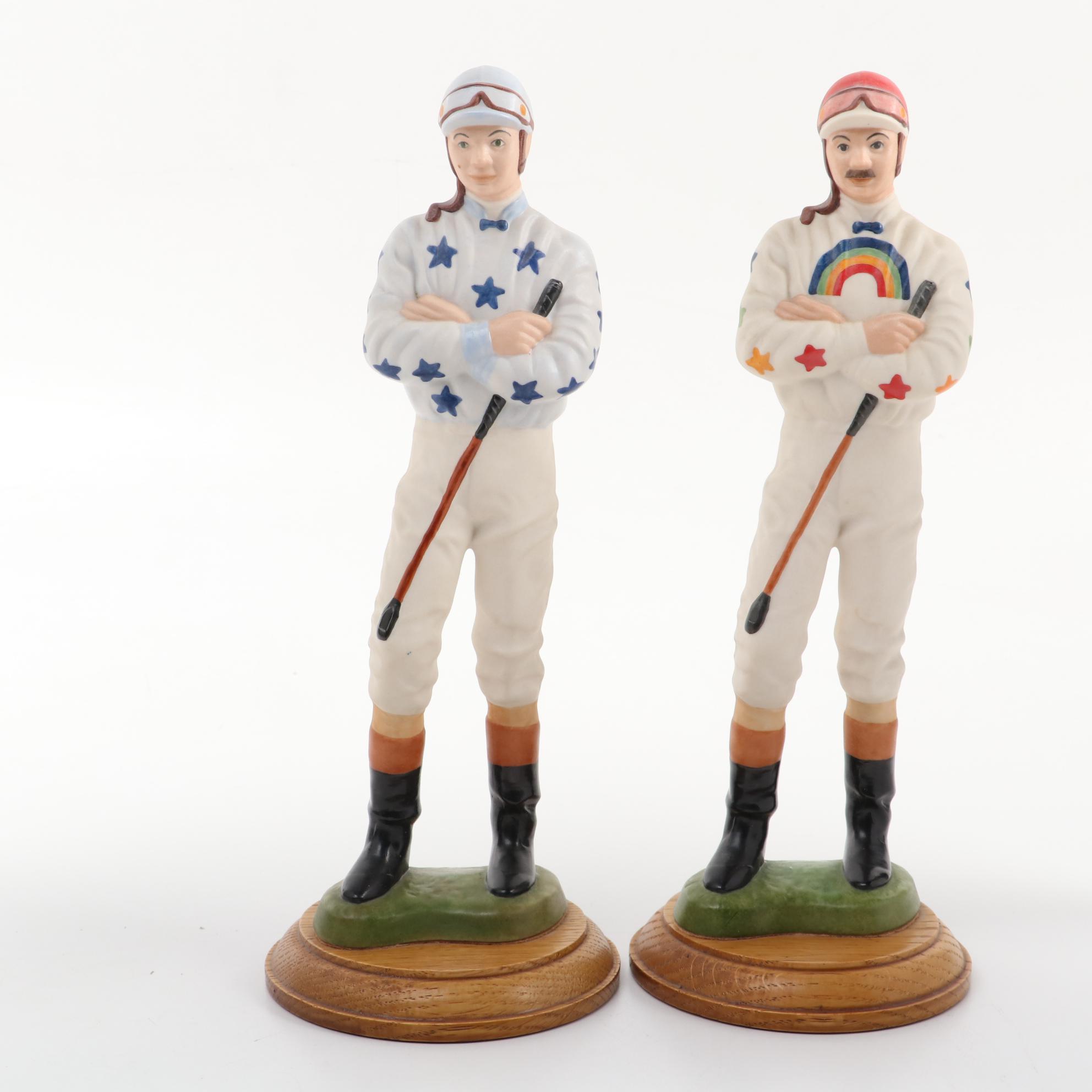 Tom Hannigan Ceramic Jockey Figurines with Authentic Race Crop and Goggles